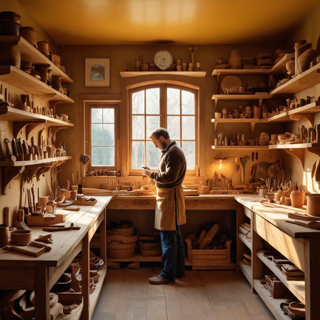 A cozy workshop filled with various crafted tools, illustrated in warm tones. In the foreground, a skilled handyman smiles while assembling a heart-shaped piece of wood, showcasing his passion for craftsmanship. Behind him, shelves filled with completed projects symbolize love and dedication. Soft light filters in through a window, creating an inviting atmosphere. vibrant colors. warm lighting. painting.
