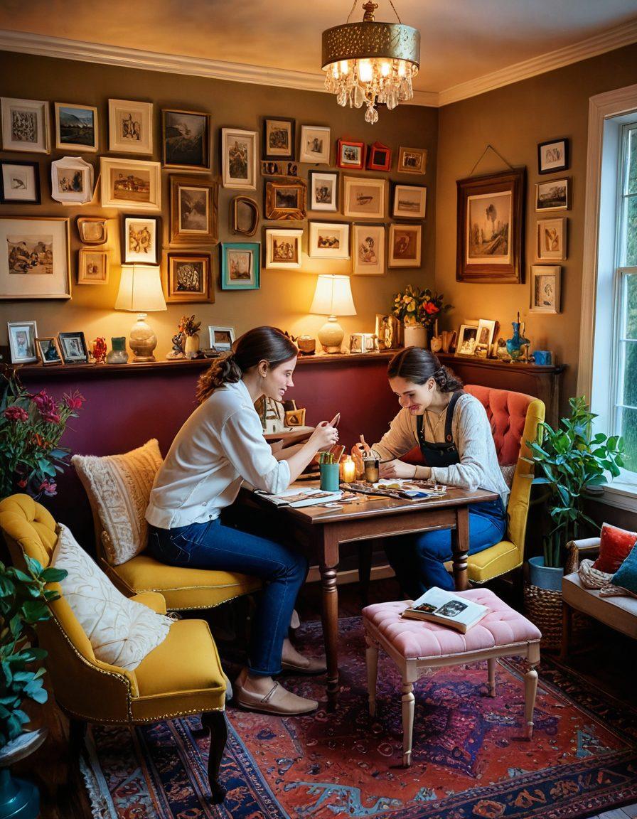 A cozy, inviting living room filled with DIY decor projects, like handmade picture frames, a soft, romantic atmosphere with candles flickering, and a couple working together on a creative project, surrounded by tools and colorful materials. Warm, soft lighting enhances the emotional ambiance, reflecting love and collaboration. painting. vibrant colors. whimsical style.